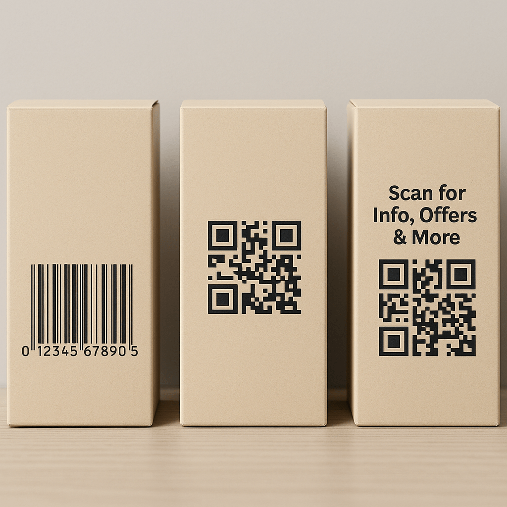 A side-by-side comparison image showing three product packages. One with a traditional EAN barcode, one with a simple QR code pointing to a homepage, and one with a GS1 QR Code labeled 'Scan for Info, Offers & More.'