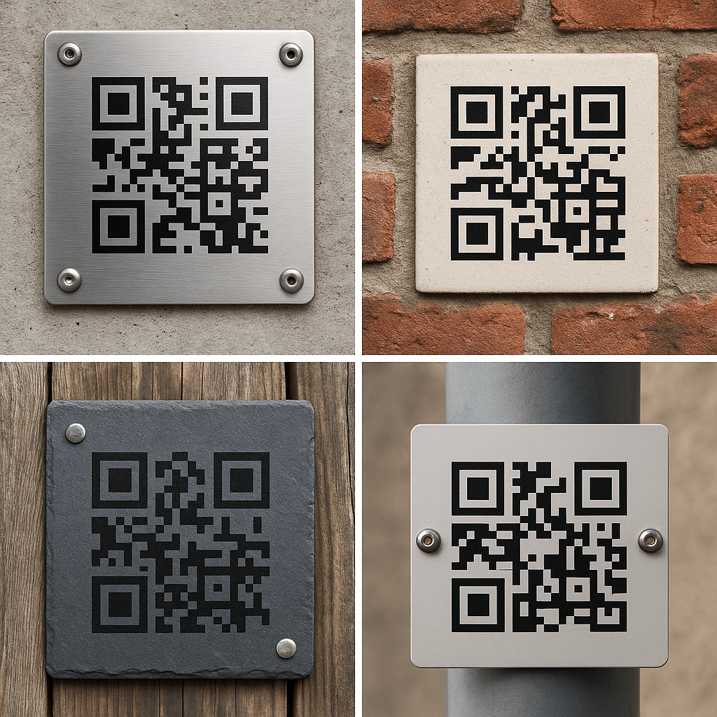 Examples of QR codes on various durable materials in real-world settings.