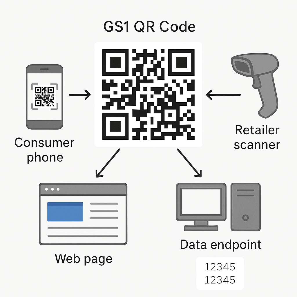 A diagram showing a single GS1 QR Code being scanned by different devices (consumer phone, retailer scanner, warehouse system) and being directed to different, relevant web pages or data endpoints.