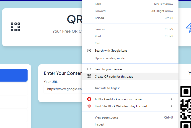 A screenshot showing the Create QR code for this page in Google Chrome