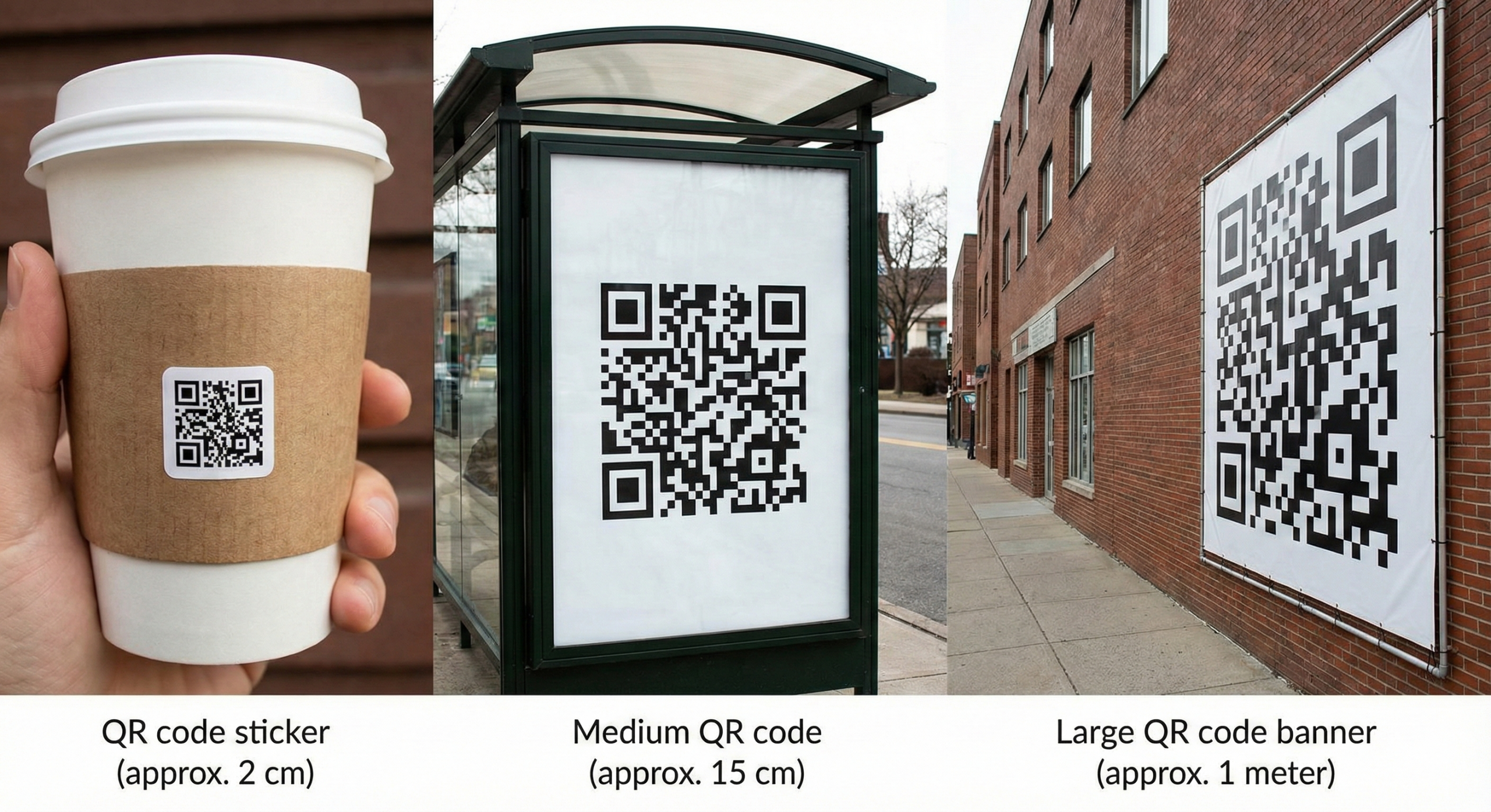 A visual comparison of different QR code sizes, showing a small code for a business card and a large code for a poster.
