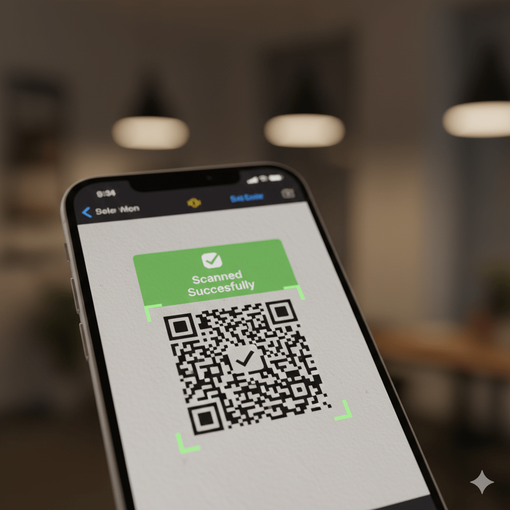 A phone successfully scanning a high-contrast QR code in slightly dim lighting, proving contrast overcomes low light.