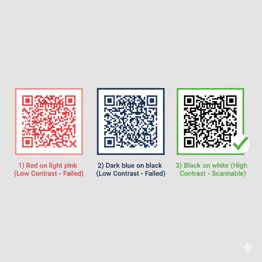 Comparison of three QR codes demonstrating color contrast failure and success.