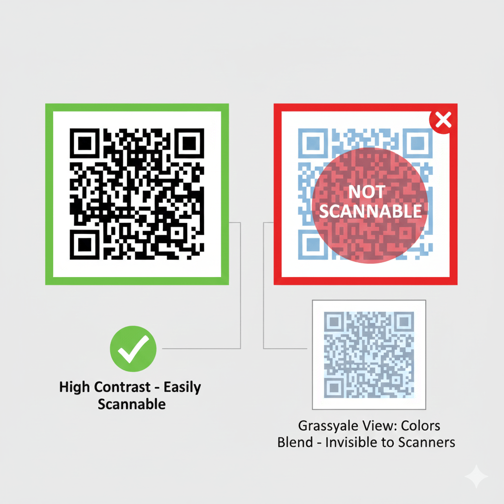 Visual comparison of a scannable black and white QR code next to a non-scannable low-contrast code with a grayscale failure example.