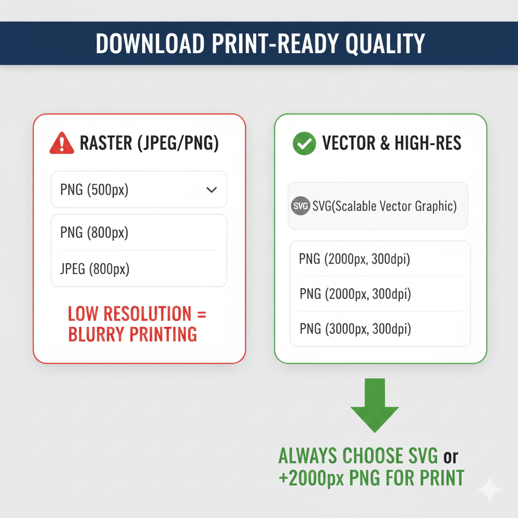 Screenshot of a QR code generator's download menu showing options for SVG and high-resolution PNG file formats.