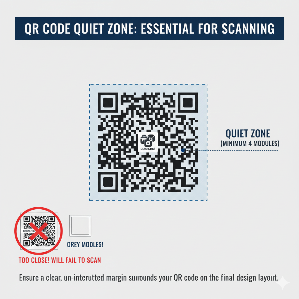 Diagram illustrating the required 4-module wide white border (Quiet Zone) surrounding a QR code.