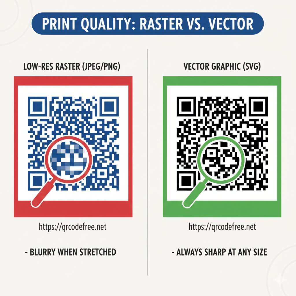 Raster (blurry) vs. Vector (sharp) QR code comparison at different resolutions.