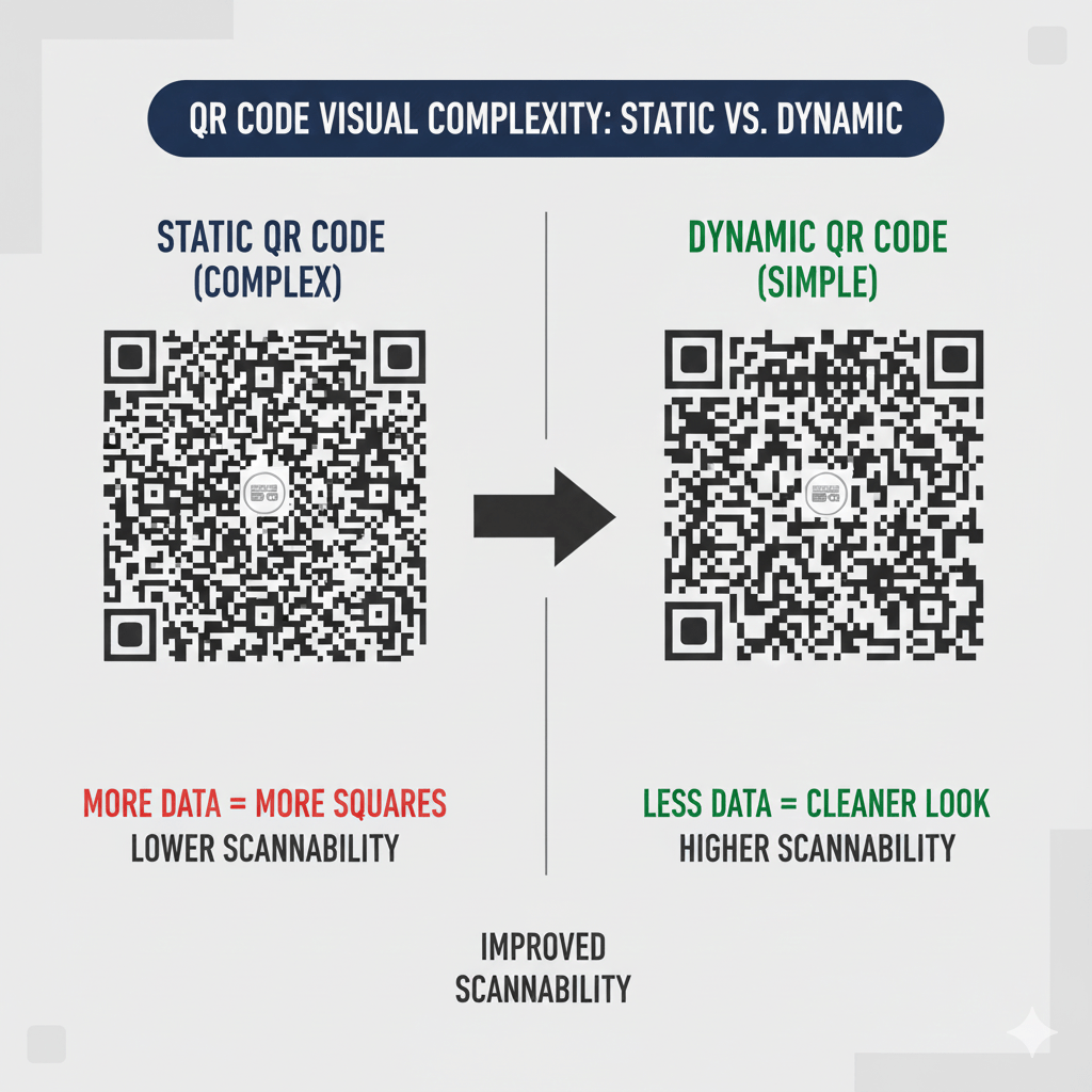 Diagram showing a dense, complex static QR code with its destination URL permanently embedded in the pattern.